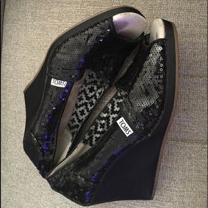 Toms peep shoe black sequin wedge heel.
